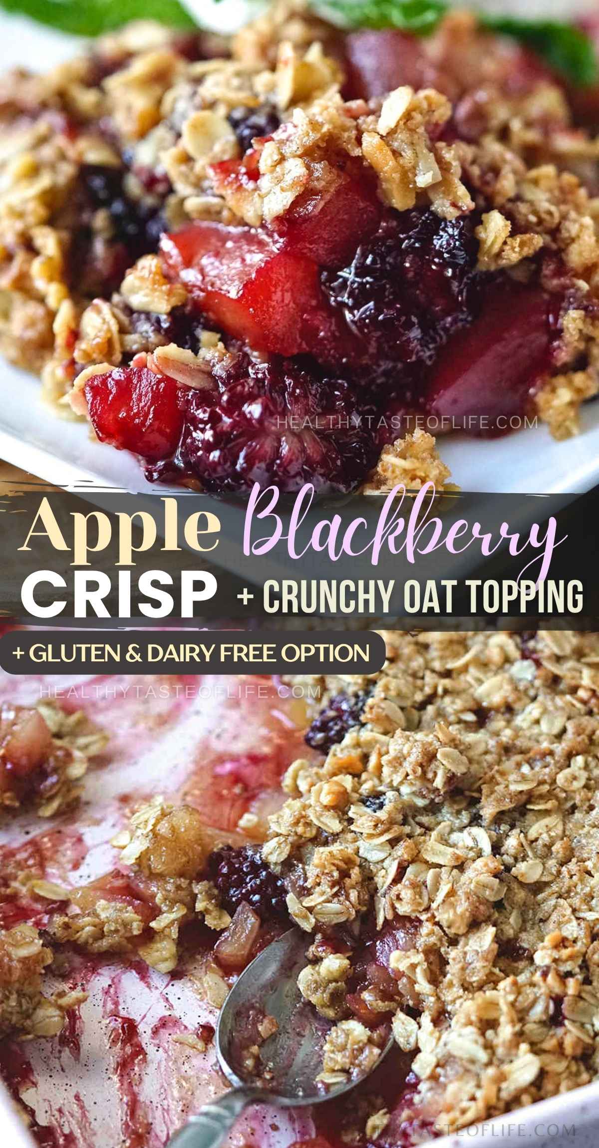 This apple blackberry crisp is filled with tender apples and juicy blackberries, then topped with a crunchy oat walnut topping made with rolled oats, maple sugar and cold butter. Use fresh or frozen blackberries, with easy gluten-free and dairy-free options. A simple apple blackberry crisp with oats that’s fruit-based, lightly sweet and perfect for fall baking or an easy healthy berry dessert.