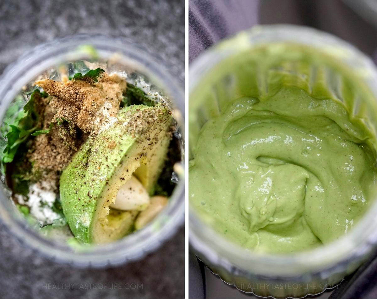 Making the avocado dressing: throw all ingredients in a blender and blend until creamy.
