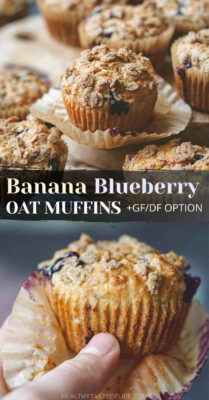 These healthy banana oatmeal blueberry muffins are super moist and soft, not overly sweet and full of juicy blueberry and banana flavor. The crisp oat and cinnamon crumble topping can be optional (if you want them for breakfast, skip it) or enjoy the blueberry banana oatmeal muffins as a treat, it gives them extra texture and sweetness. #bananablueberrymuffins #blueberrybananamuffins #oatmealmuffins #oatmuffins #oatmealbananamuffins #oatmealblueberrymuffins