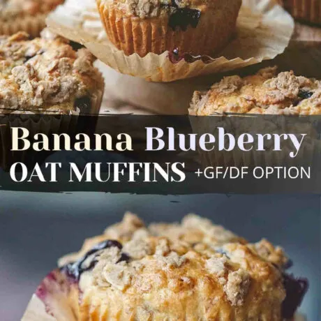 These healthy banana oatmeal blueberry muffins are super moist and soft, not overly sweet and full of juicy blueberry and banana flavor. The crisp oat and cinnamon crumble topping can be optional (if you want them for breakfast, skip it) or enjoy the blueberry banana oatmeal muffins as a treat, it gives them extra texture and sweetness. #bananablueberrymuffins #blueberrybananamuffins #oatmealmuffins #oatmuffins #oatmealbananamuffins #oatmealblueberrymuffins