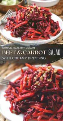 This beetroot and carrot salad recipe features roasted beets, raw carrots, radish and dried cranberries, finished with a creamy vegan avocado dressing. A healthy carrot and beetroot salad rich in anti-oxidants and dietary fiber that can be enjoyed as side dish or appetizer, perfect for a clean eating type of diet. This beet and carrot salad is naturally vegan, paleo and whole30 friendly. #beetrootcarrotsalad #beetcarrotsalad #carrotbeetsalad #carrotbeetrootsalad #veganbeetsalad #simplebeetsalad