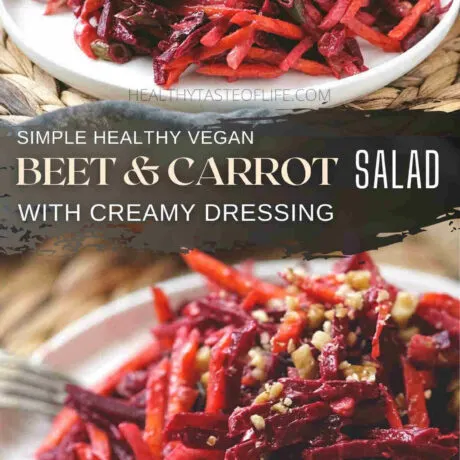 This beetroot and carrot salad recipe features roasted beets, raw carrots, radish and dried cranberries, finished with a creamy vegan avocado dressing. A healthy carrot and beetroot salad rich in anti-oxidants and dietary fiber that can be enjoyed as side dish or appetizer, perfect for a clean eating type of diet. This beet and carrot salad is naturally vegan, paleo and whole30 friendly. #beetrootcarrotsalad #beetcarrotsalad #carrotbeetsalad #carrotbeetrootsalad #veganbeetsalad #simplebeetsalad