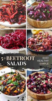 Beetroot Salad Recipes: Simple, easy to make beet salad recipes that can be made with fresh/raw or roasted beets. Enjoy a healthy beetroot salad (shredded, spiralized or julienned) - served cold during summer, as lunch, side dish or dinner. The beet salads will improve your meal’s nutritional value. #beetrootsalad #beetsalad #beetrootrecipes #beetrecipes