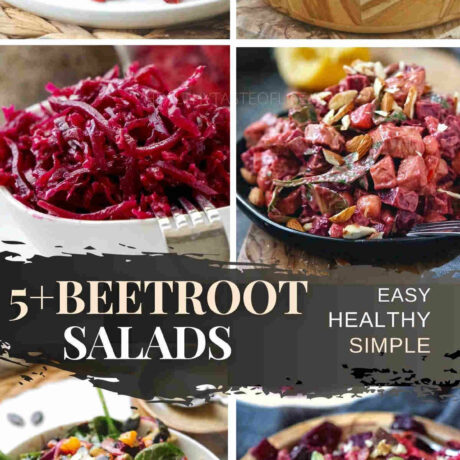 Beetroot Salad Recipes: Simple, easy to make beet salad recipes that can be made with fresh/raw or roasted beets. Enjoy a healthy beetroot salad (shredded, spiralized or julienned) - served cold during summer, as lunch, side dish or dinner. The beet salads will improve your meal’s nutritional value. #beetrootsalad #beetsalad #beetrootrecipes #beetrecipes