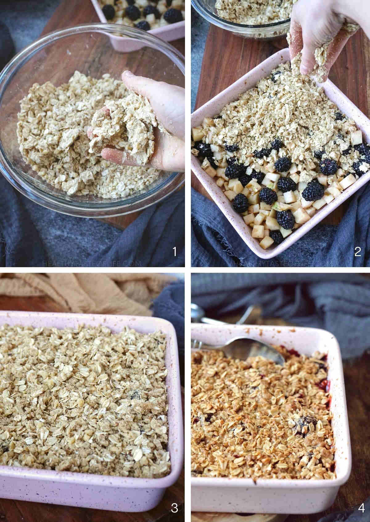 Step by step process shots showing how to assemble the blackberry and apple crumble and bake.