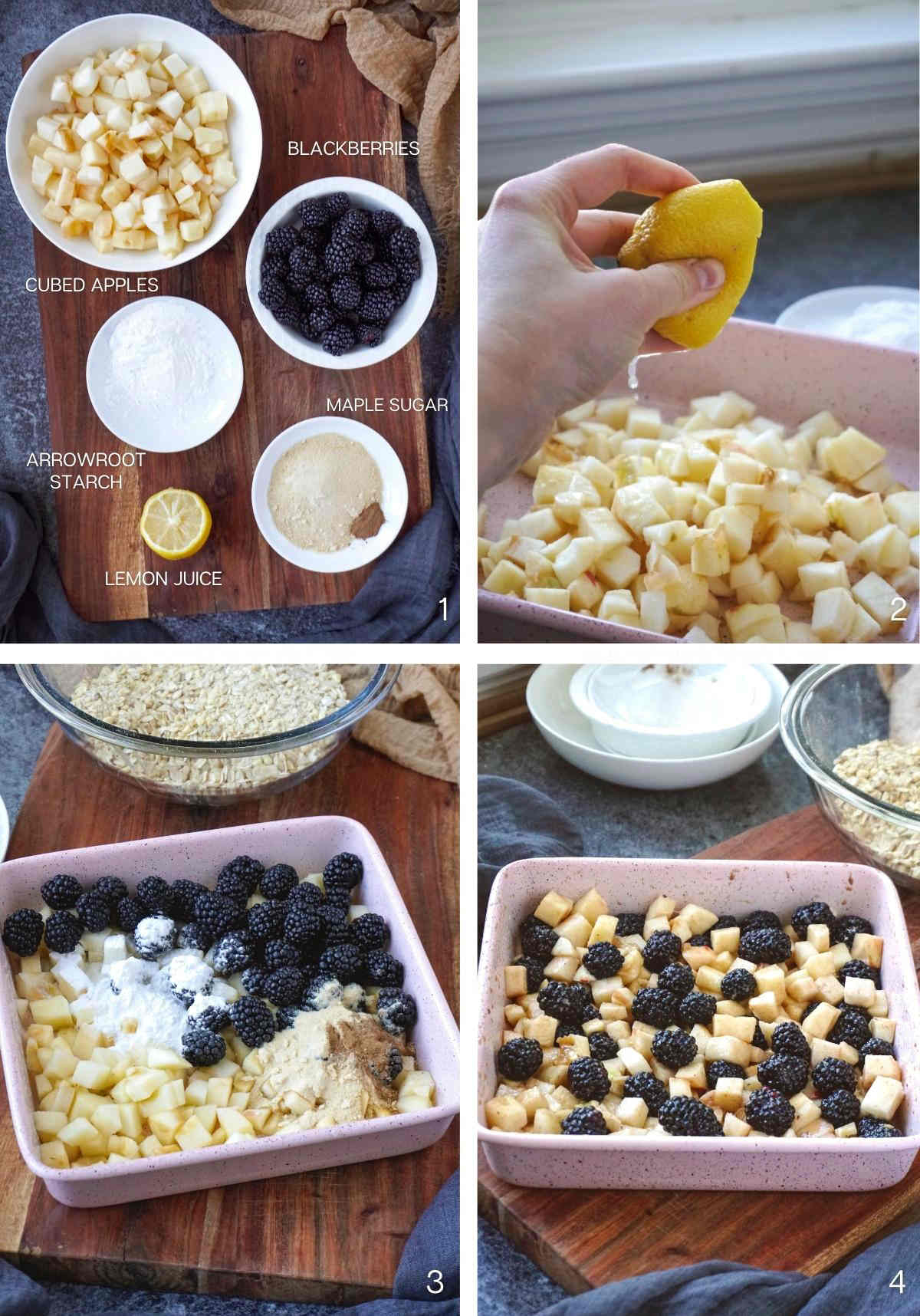Step by step process shots showing how to make apple and blackberry crumble filling.