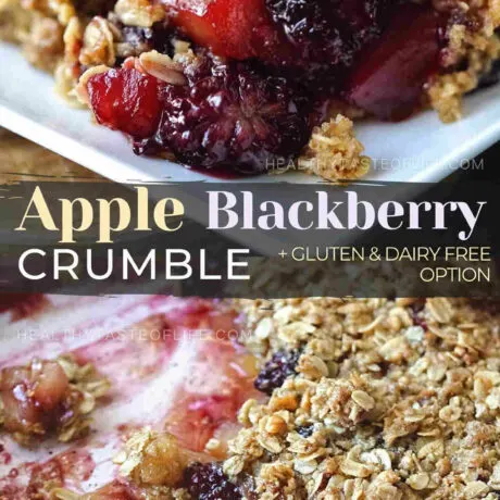 This blackberry and apple crumble recipe features freshly baked apples and blackberries topped with a crisp buttery oat crumble topping making an amazing easy blackberry dessert for your guests. Serve the apple and blackberry crumble warm as it is or cold. Customize the apple blackberry crumble with healthy ingredients and make it vegan or gluten free. #appleandblackberrycrumble #blackberryandapplecrumble #appleblackberrycrumble #appleblackberrycrisp #blackberryapplecrisp