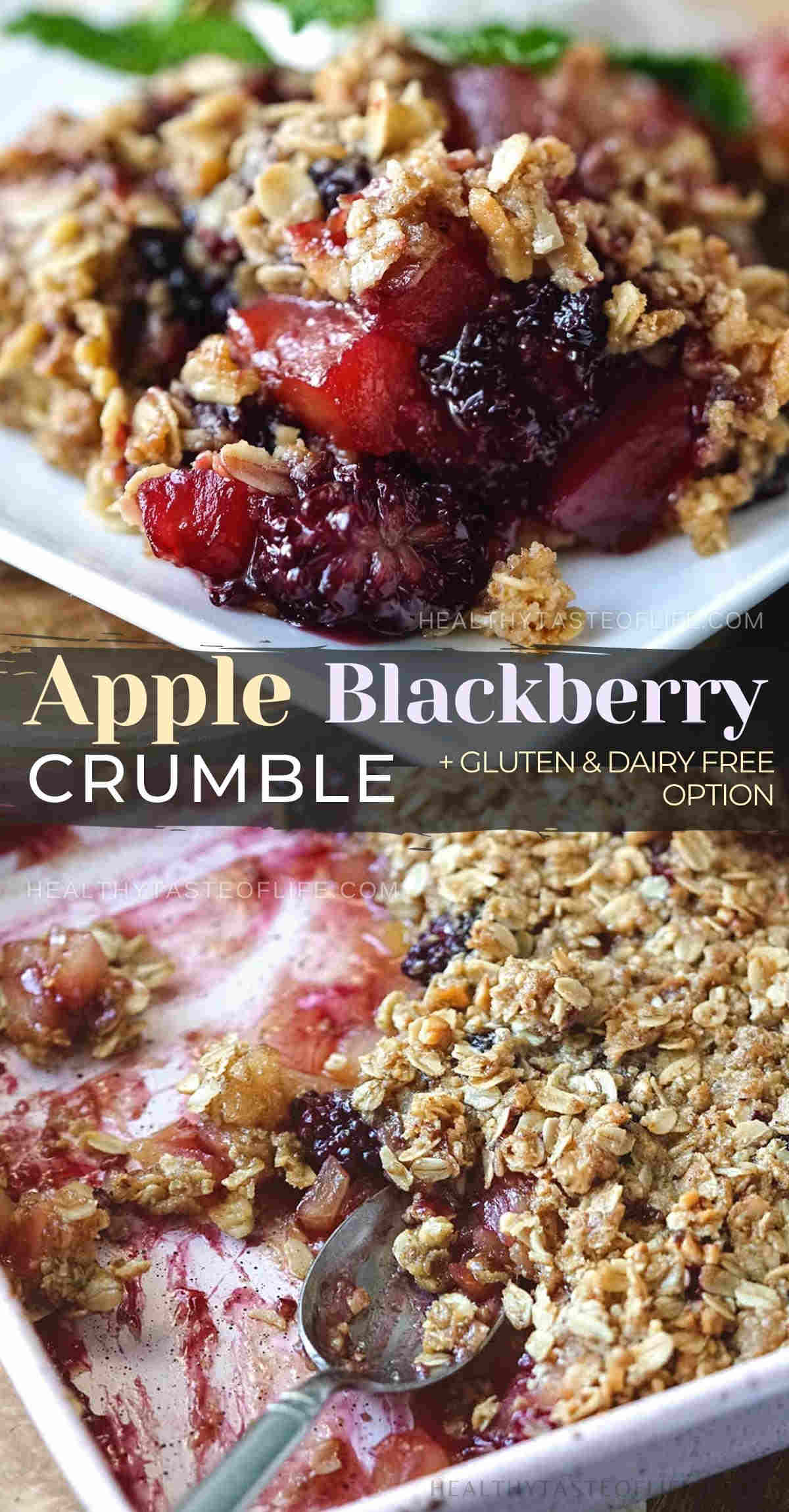 This blackberry and apple crumble recipe features freshly baked apples and blackberries topped with a crisp buttery oat crumble topping making an amazing easy blackberry dessert for your guests. Serve the apple and blackberry crumble warm as it is or cold. Customize the apple blackberry crumble with healthy ingredients and make it vegan or gluten free. #appleandblackberrycrumble #blackberryandapplecrumble #appleblackberrycrumble #appleblackberrycrisp #blackberryapplecrisp