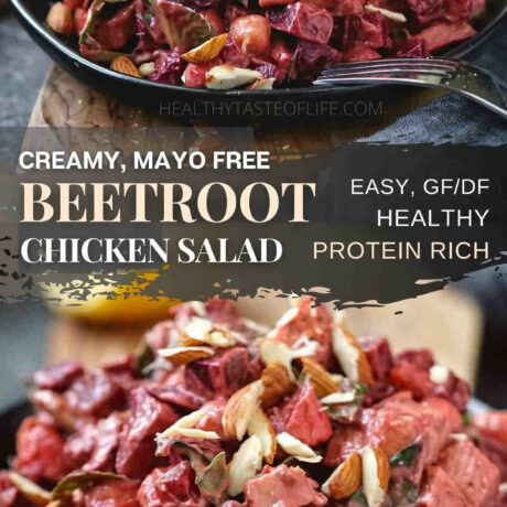 This protein-rich chicken beet salad recipe features cooked beets, roasted chicken, and chickpeas enriched with a healthy creamy avocado dressing. The chicken and beet salad can be enjoyed as side dish or as a super filling meal for lunch or dinner. Making this beet salad with chicken is super easy and will keep you full longer #beetandchickensalad #chickenbeetsalad #beetchickensalad #beetsalad #dairyfreechickensalad #coldbeetsalad #easybeetsalad #beetsaladrecipe #chickenandbeetrecipe