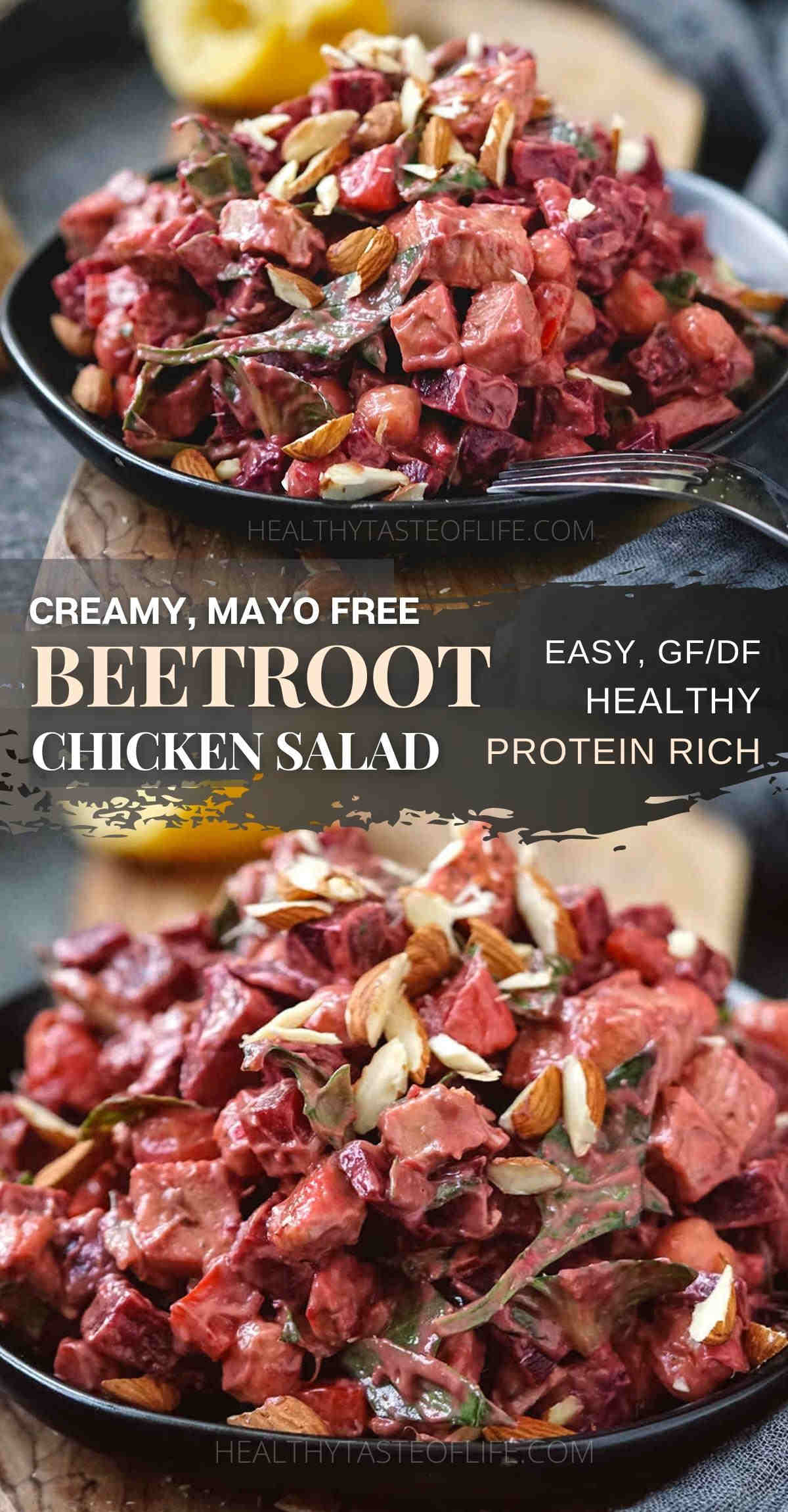 This protein-rich chicken beet salad recipe features cooked beets, roasted chicken, and chickpeas enriched with a healthy creamy avocado dressing. The chicken and beet salad can be enjoyed as side dish or as a super filling meal for lunch or dinner. Making this beet salad with chicken is super easy and will keep you full longer #beetandchickensalad #chickenbeetsalad #beetchickensalad #beetsalad #dairyfreechickensalad #coldbeetsalad #easybeetsalad #beetsaladrecipe #chickenandbeetrecipe