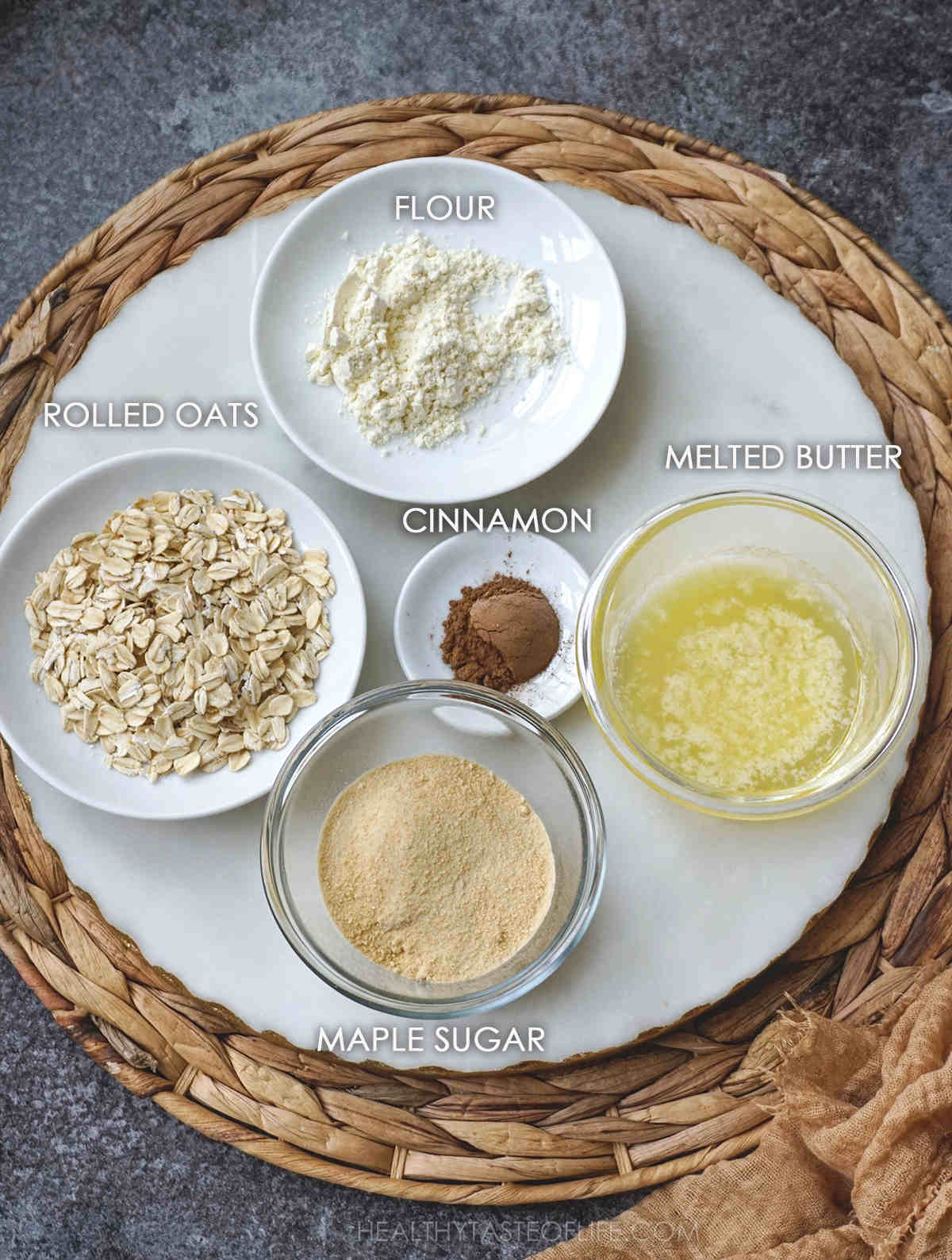 Ingredients for making the muffin crumb displayed on a board.