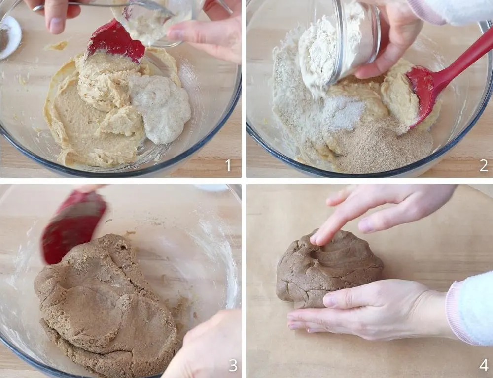 Process shots showing how to make gluten free dairy free graham cracker dough, how to mix and how to shape the dough.
