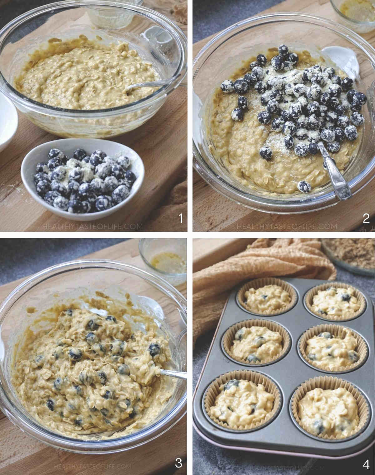 Process shots showing how to mix the dry ingredients for oatmeal blueberry banana muffins batter and divide in muffins pan.