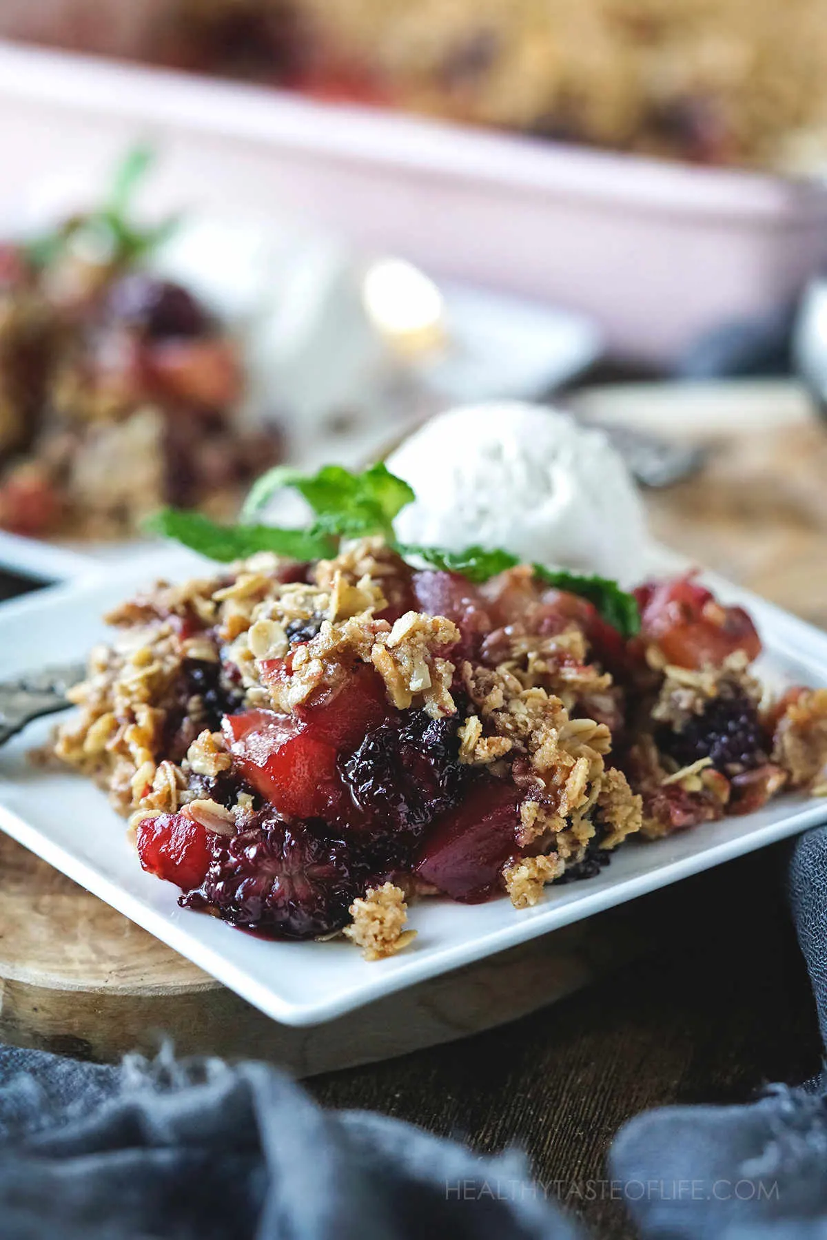 Perfectly baked apple blackberry crumble.   
