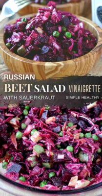 Similar to a Russian vinaigrette salad (Винегрет), this simple salad russe is made with cooked beets, sauerkraut and peas although I made a few adjustments. It’s an easy version of Russian salad with beets also called Russian vinaigrette typically served during the winter time holidays. This Russian salad with beets is perfect if you're looking for a lighter version of beet salad without mayo. #russiansalad #vinaigrettesalad #russianbeetsalad #saladrusse #sauerkrautsalad #russianvinaigrette