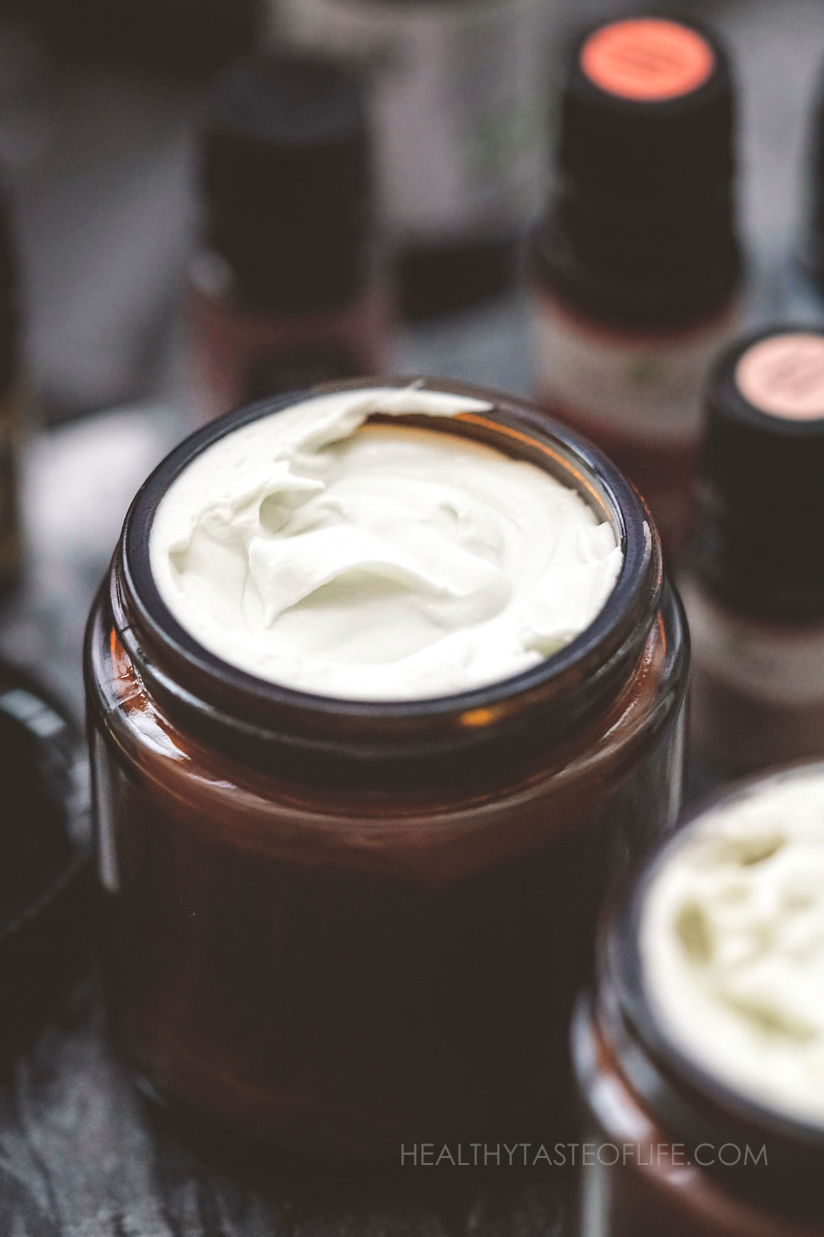 Homemade face moisturizer for dry sensitive skin DIY Face moisturizer in an amber glass jar.