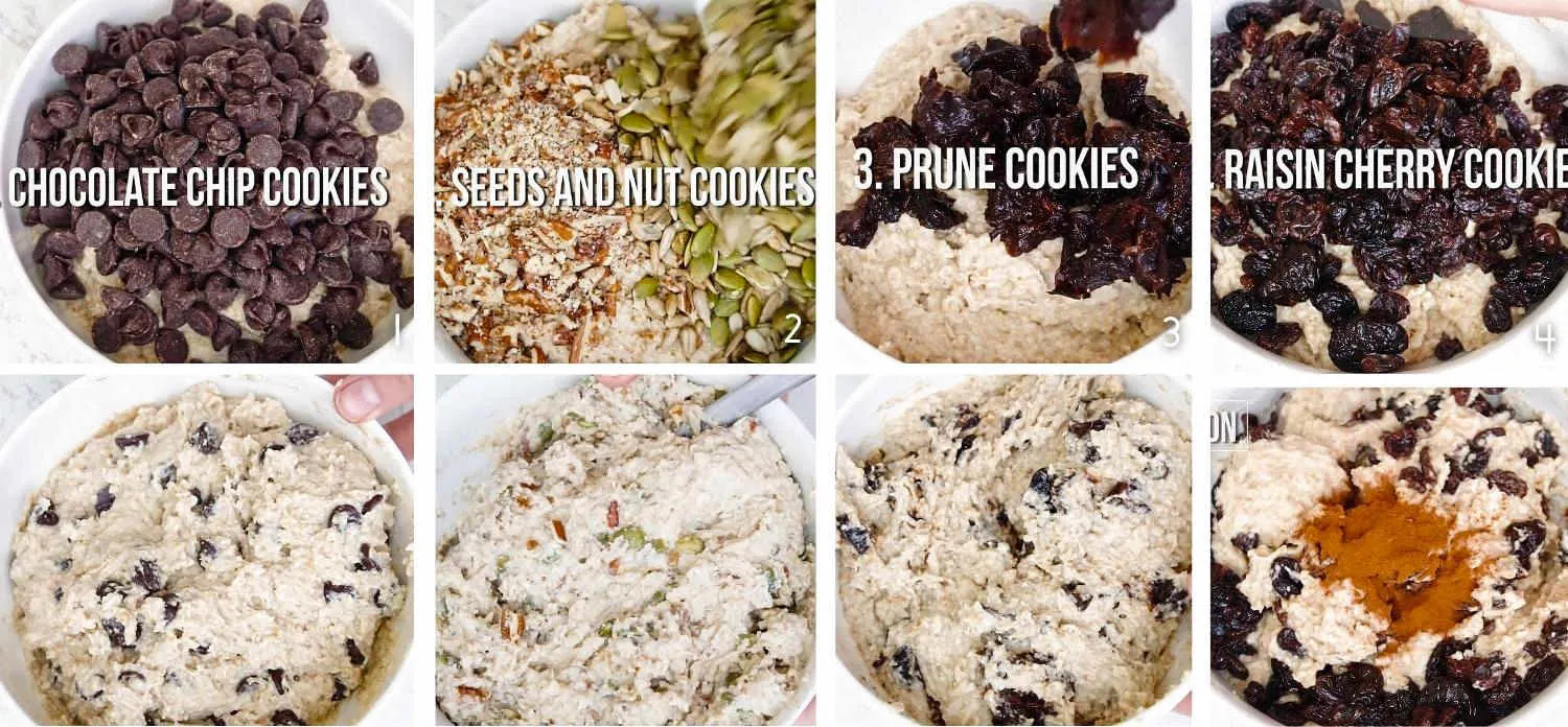 Add-ins for your vegan oatmeal cookies: chocolate chip cookies, seeds, nuts, dried prunes, dried cherries, raisins and cinnamon.