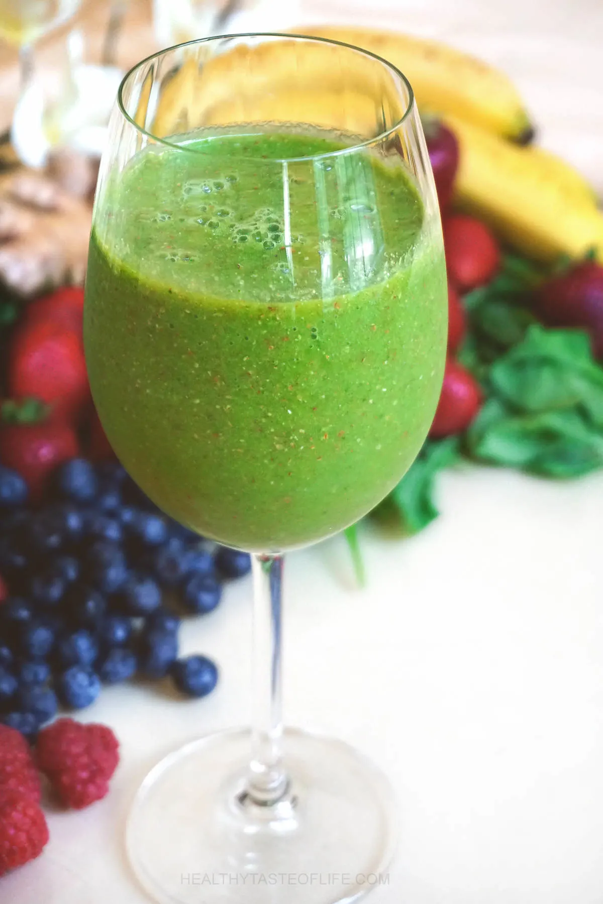 Anti-inflammatory green smoothie in a glass  Green Tea Peach Smoothie.
