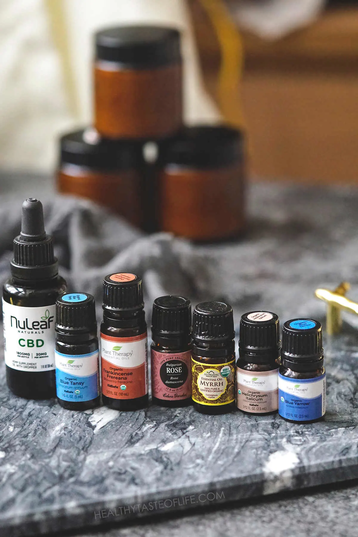 A collection of essential oils which I randomly use in my homemade moisturizer for dry skin.