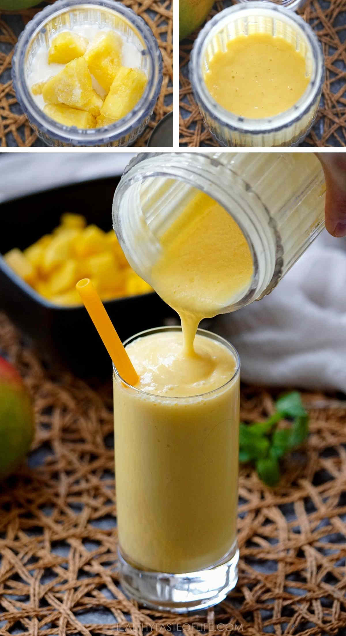 Process shots showing how to make pineapple mango smoothie recipe.