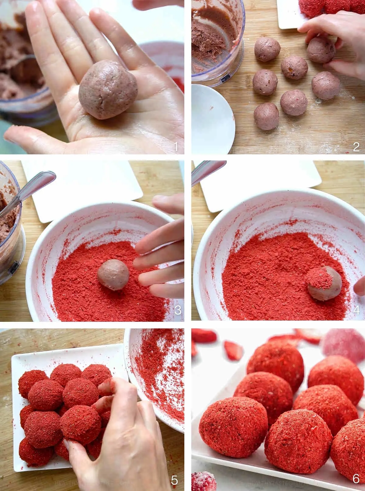 Process shots showing How to make strawberry bliss balls and coat with strawberry.