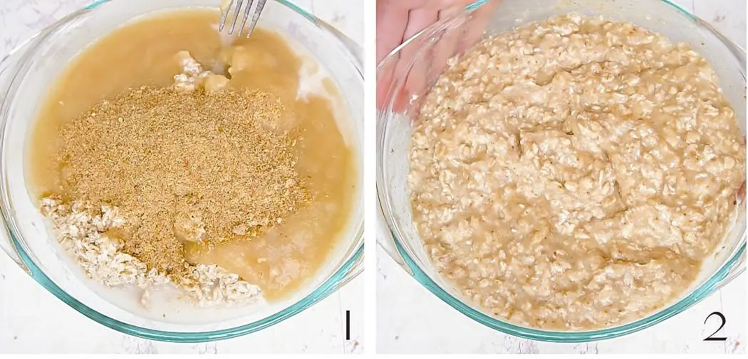 Process shots showing how to mix wet ingredients (apple sauce, soaked oats, coconut oil and maple syrup with ground flax seeds as egg and butter substitute) for vegan oatmeal cookies.