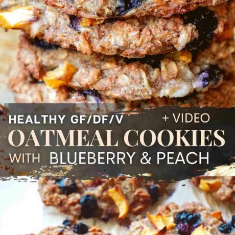 Healthy Oatmeal Cookies With Blueberries And Peach. Due to their clean ingredients and low sugar, these blueberry oatmeal cookies are more like a healthy snack than a dessert. Simple eggless oatmeal cookie recipe with rolled oats, apple sauce, fresh blueberries and peach that is also gluten free, dairy free and vegan friendly. #oatmealcookies #blueberryoatmealcookies #healthyoatmealcookies #healthycookies #veganoatmealcookies