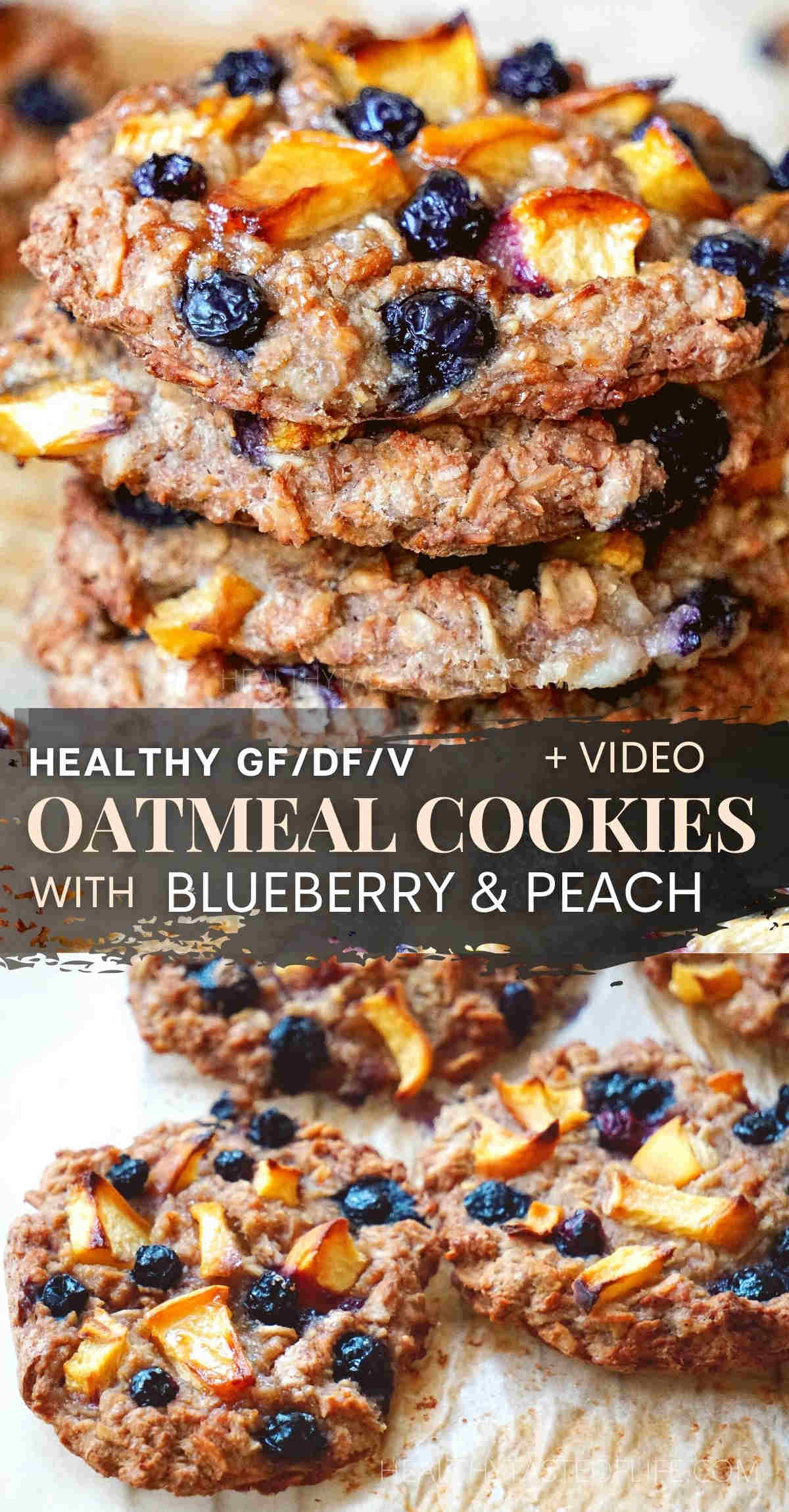 Healthy Oatmeal Cookies With Blueberries And Peach. Due to their clean ingredients and low sugar, these blueberry oatmeal cookies are more like a healthy snack than a dessert. Simple eggless oatmeal cookie recipe with rolled oats, apple sauce, fresh blueberries and peach that is also gluten free, dairy free and vegan friendly. #oatmealcookies #blueberryoatmealcookies #healthyoatmealcookies #healthycookies #veganoatmealcookies