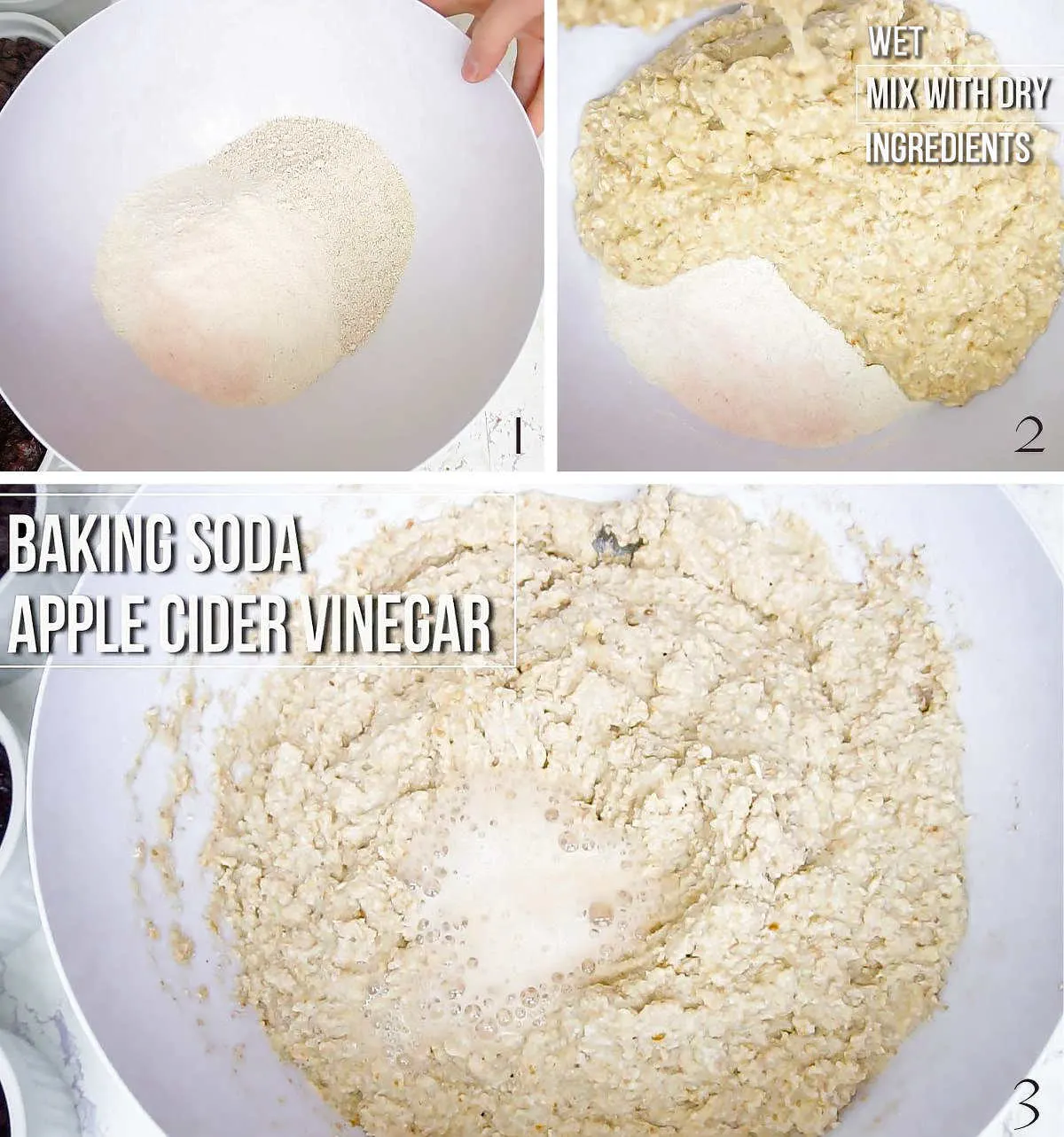 Process shots showing how to mix oatmeal cookie dough ingredients.