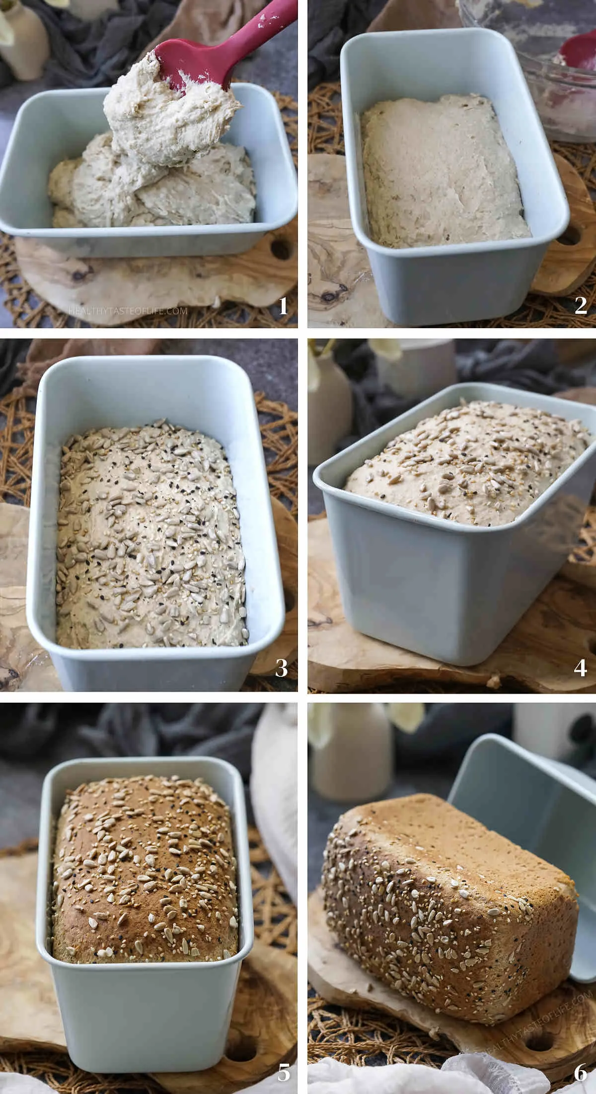 Process shots showing how to work with the wet dough, how to transfer in the baking pan and bake the gluten free buckwheat flour bread.
