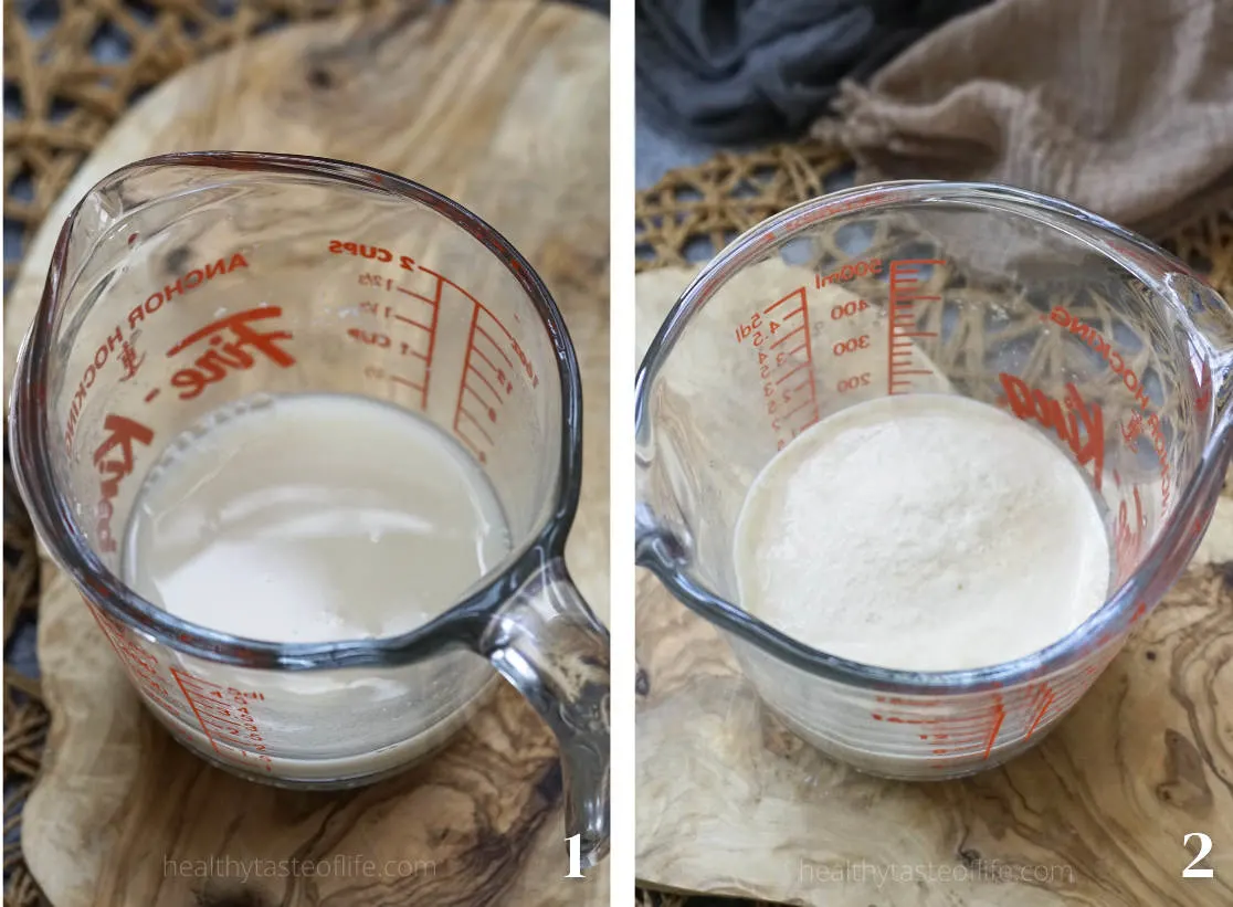 Yeast activation with warm water and a teaspoon of sugar.