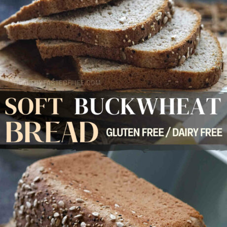 A healthy recipe for buckwheat bread made with buckwheat flour and a mix of other gluten free flours. To make this buckwheat flour bread soft and pliable you’ll need yeast, egg and natural plant based thickeners. There is no kneading involved and the hydrated dough offer large air pockets in the crumb. Enjoy your buckwheat bread in a sandwich, toasted or save for later by freezing. #buckwheatbread #glutenfreebread #buckwheatflour #buckwheatflourbread #glutenfreebreadrecipe