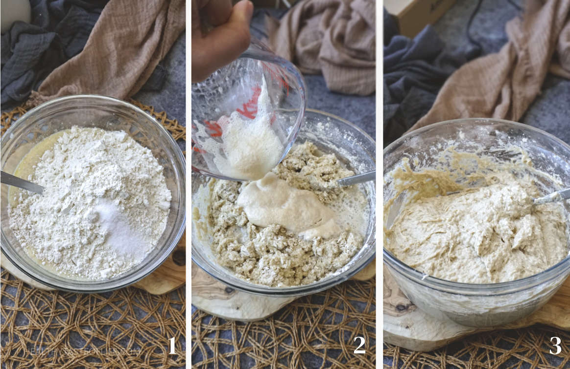 Process shots showing how to add the dry ingredients and the activated yeast, and mixing everything to form the dough for buckwheat bread.
