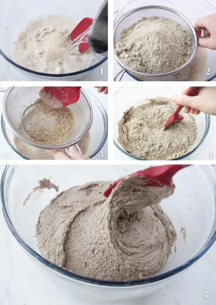Process shots showing how to form the dough for buckwheat and teff sourdough bread.