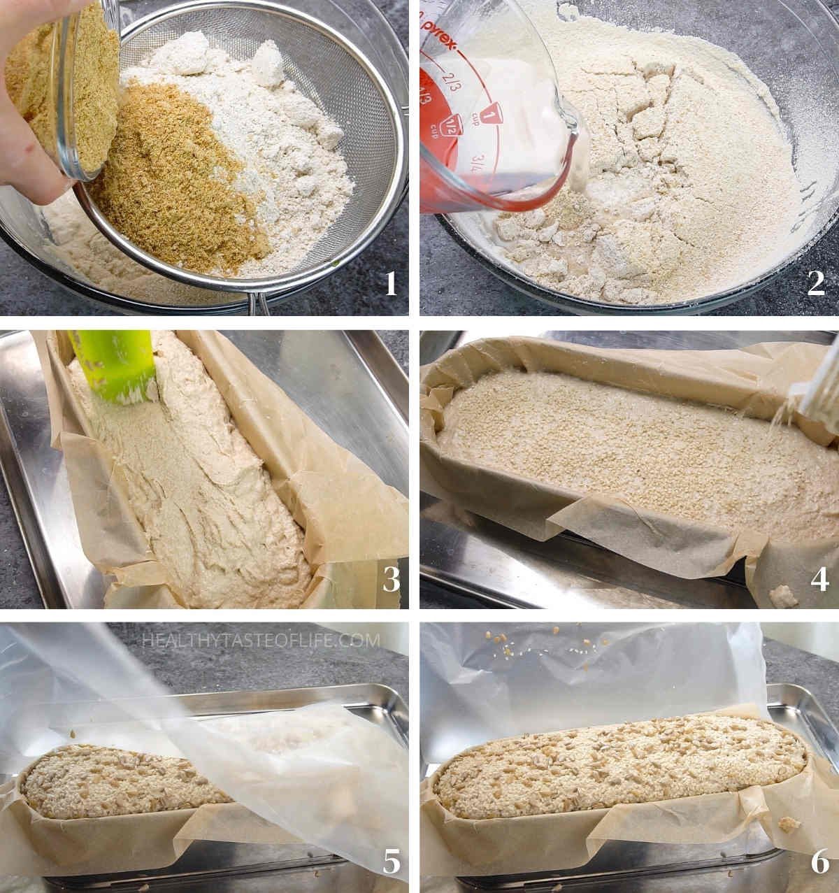 Process shots showing how to make gluten free sourdough batter, how to proof the formed loaf.