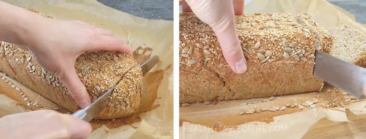 Slicing the gluten free vegan sourdough bread.