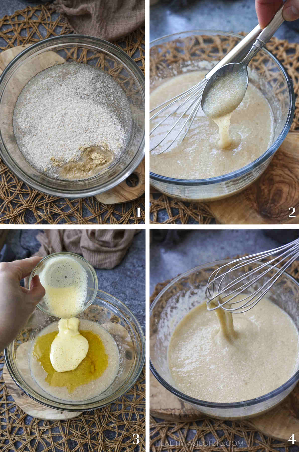 Process shots showing how to combine all wet ingredients with psyllium husk and ground flax seeds to get a gel like consistency for the dough.