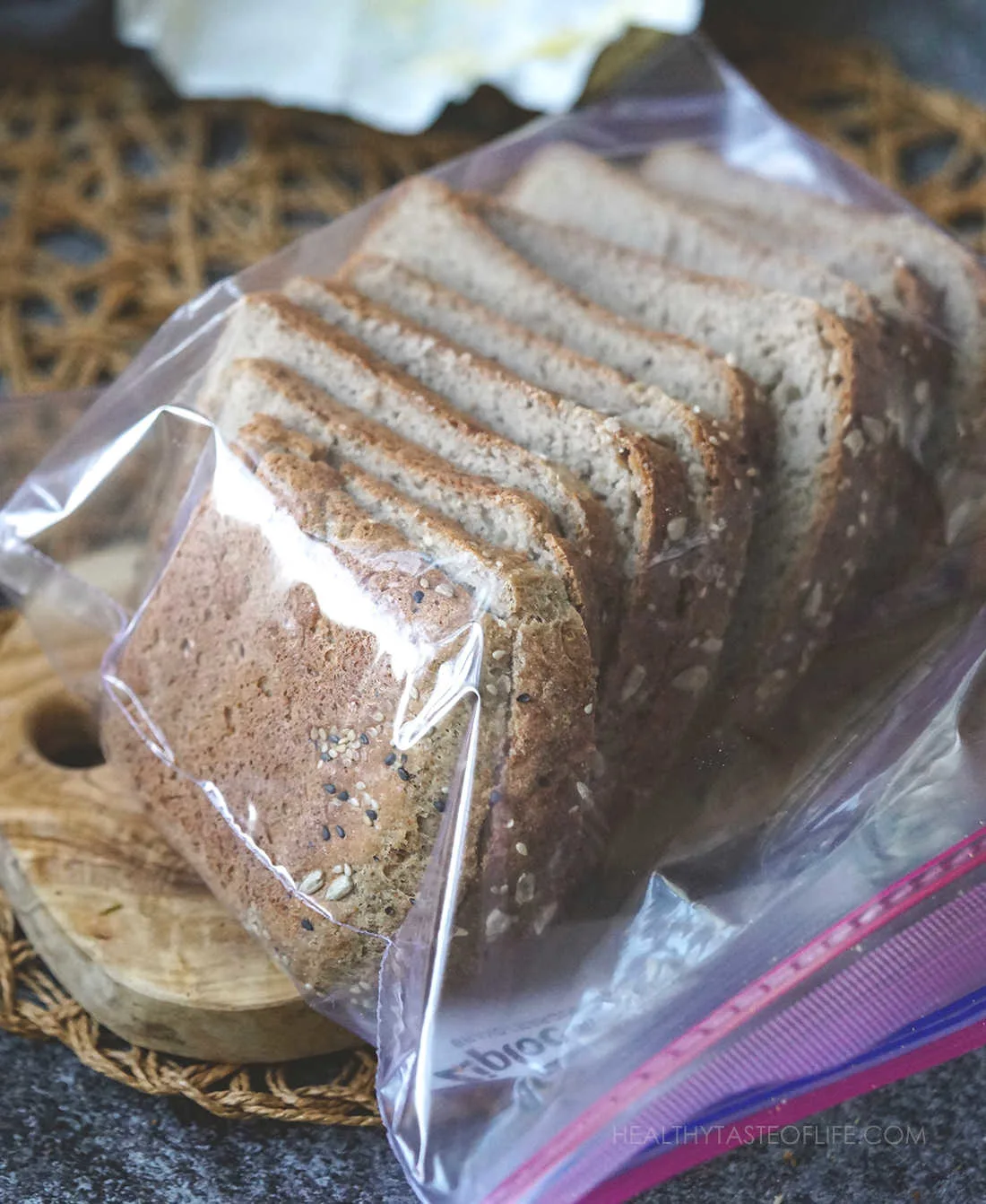Buckwheat bread stored in a plastic bag ready for the freezer.