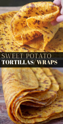This sweet potato tortillas recipe features cooked mashed sweet potatoes mixed with flour and seasonings to form soft pliable gluten free tortillas that are also vegan friendly. These sweet potato tortillas can be enjoyed as side dish or finger food, you can make burritos, taquitos, quesadillas, tacos, wraps or roll-ups. #sweetpotatotortillas #sweetpotatowraps #glutenfreetortillas #glutenfreewraps #vegantortillas #veganwraps