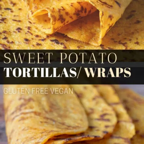 This sweet potato tortillas recipe features cooked mashed sweet potatoes mixed with flour and seasonings to form soft pliable gluten free tortillas that are also vegan friendly. These sweet potato tortillas can be enjoyed as side dish or finger food, you can make burritos, taquitos, quesadillas, tacos, wraps or roll-ups. #sweetpotatotortillas #sweetpotatowraps #glutenfreetortillas #glutenfreewraps #vegantortillas #veganwraps