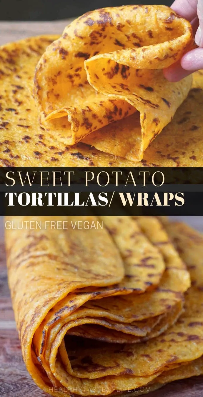 This sweet potato tortillas recipe features cooked mashed sweet potatoes mixed with flour and seasonings to form soft pliable gluten free tortillas that are also vegan friendly. These sweet potato tortillas can be enjoyed as side dish or finger food, you can make burritos, taquitos, quesadillas, tacos, wraps or roll-ups. #sweetpotatotortillas #sweetpotatowraps #glutenfreetortillas #glutenfreewraps #vegantortillas #veganwraps