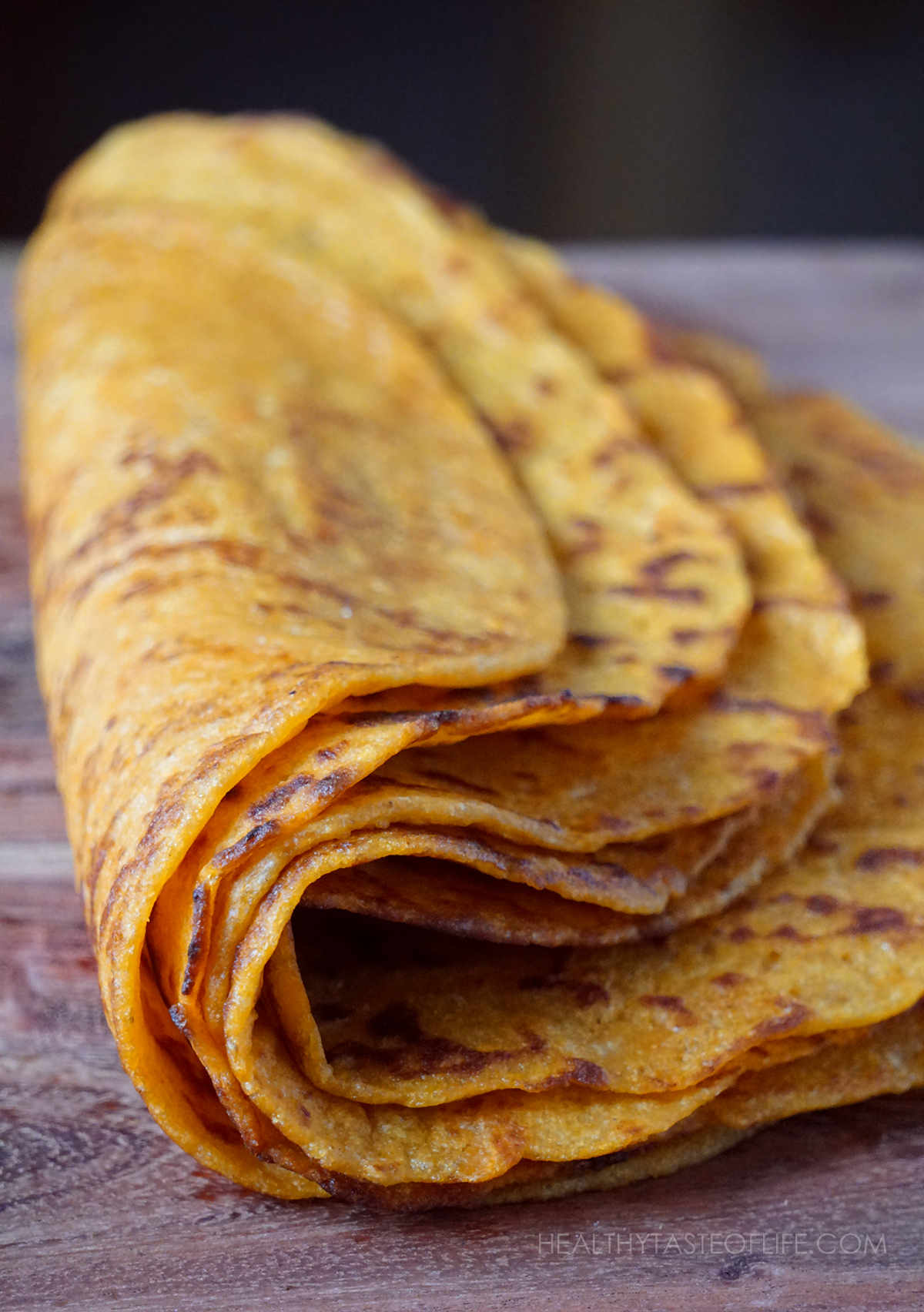 Thin pliable vegan gluten free sweet potato tortillas / wraps.