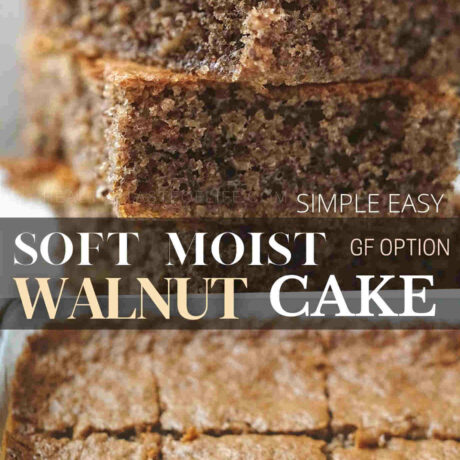 This walnut cake recipe yields a moist and fluffy texture similar to a walnut sponge cake. Easily made in a sheet pan this walnut coffee cake can be enjoyed as it is or layered with frosting for festive holidays. It’s simple, easy and similar to a Greek walnut cake called “karidopita” and can easily be transform into a gluten free walnut cake. #walnutcake #walnutcoffeecake #glutenfreewalnutcake #easywalnutcake #sheetcake