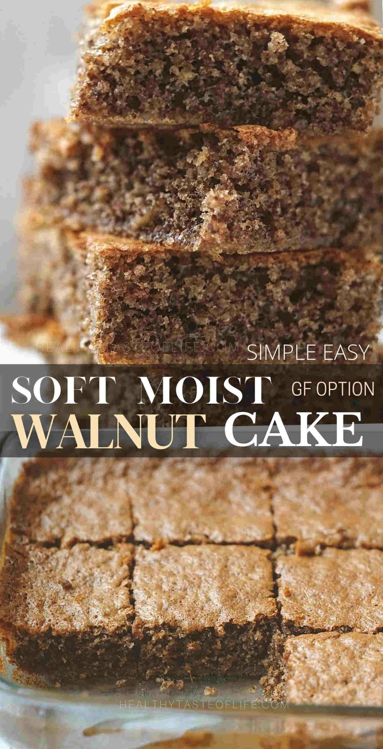 This walnut cake recipe yields a moist and fluffy texture similar to a walnut sponge cake. Easily made in a sheet pan this walnut coffee cake can be enjoyed as it is or layered with frosting for festive holidays. It’s simple, easy and similar to a Greek walnut cake called “karidopita” and can easily be transform into a gluten free walnut cake. #walnutcake #walnutcoffeecake #glutenfreewalnutcake #easywalnutcake #sheetcake