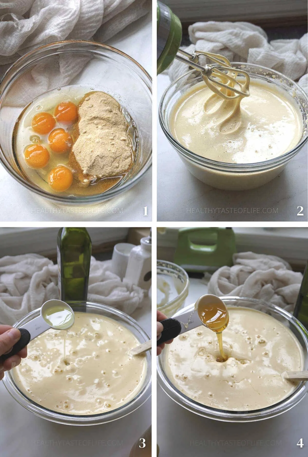 Process shots showing how to mix the eggs with sugar and then wet ingredients for a Greek walnut cake.