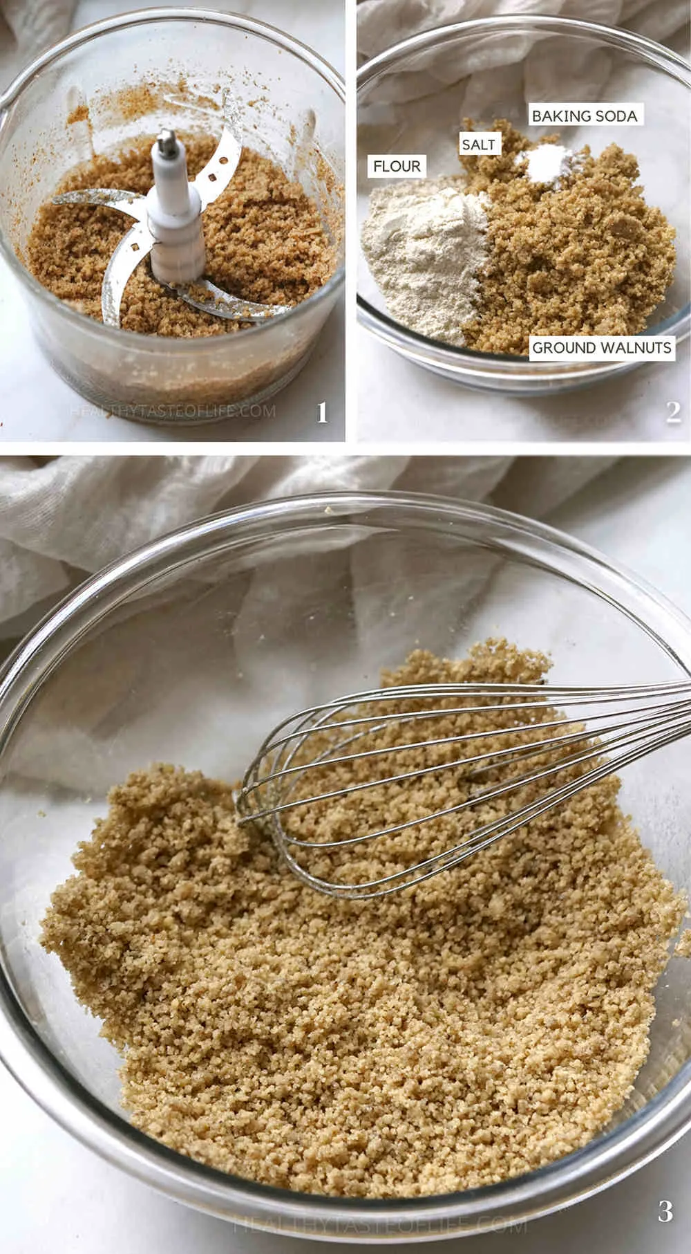 Process shots showing how to mix dry ingredients  when making a cake with walnuts.