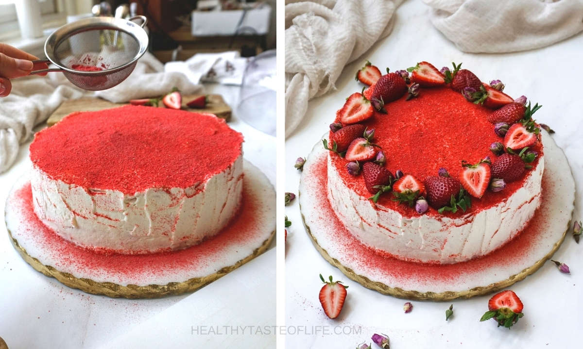 Dusting the strawberry crepe cake with freeze dried strawberry powder and decorating with fresh strawberries.