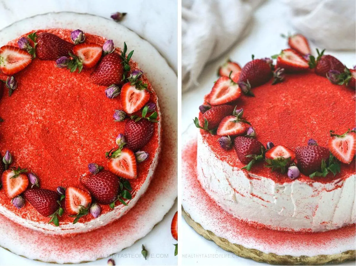 Strawberry crepe cake decorated with fresh strawberries and dried rose buds