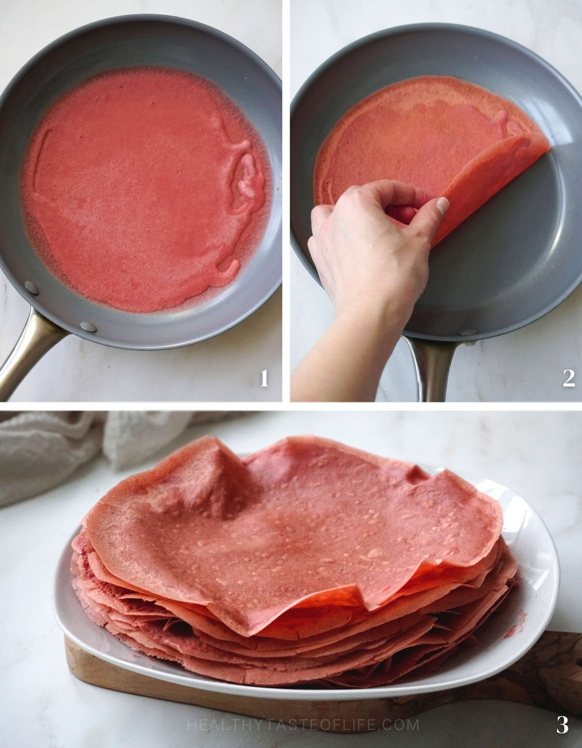 Process shots showing how to cook crepes for strawberry crepe cake recipe.