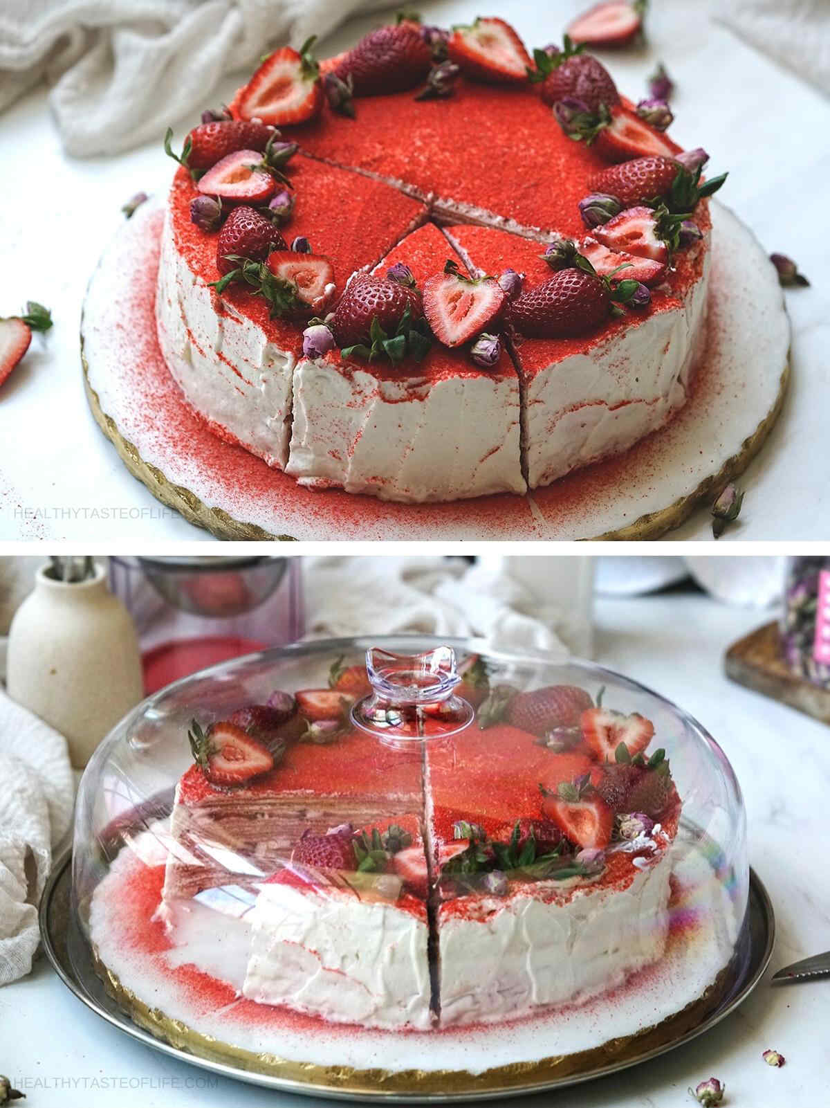 Keep the strawberry crepe cake in the fridge covered when storing.